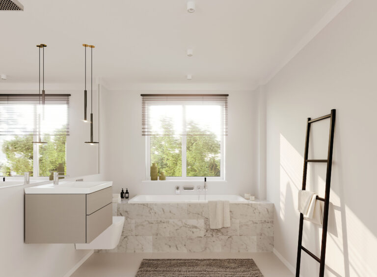 Visualisierung eines luxuriösen Badezimmers einer Neubau Wohnung von DOMINO Bau in München Denning