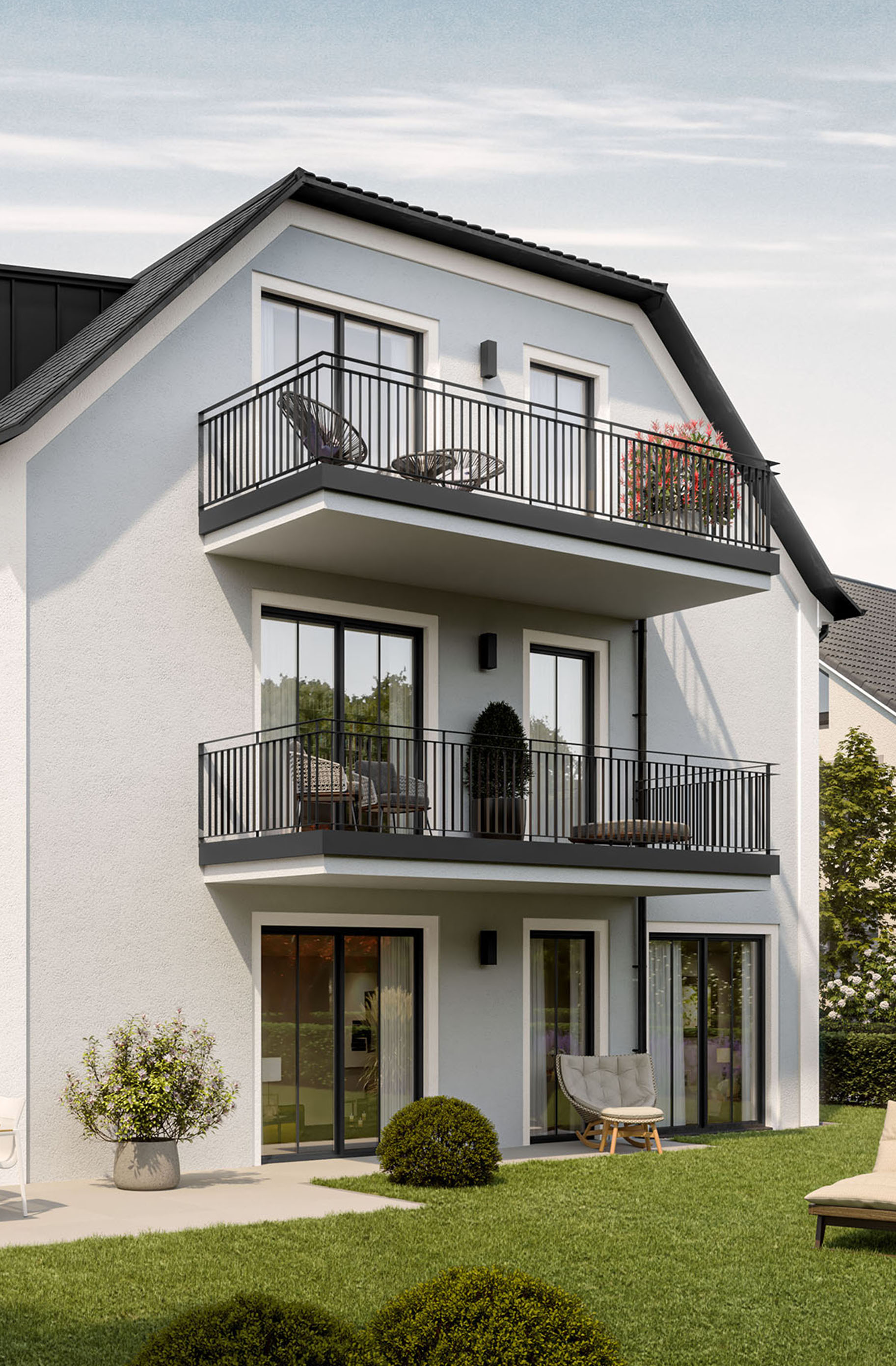 THA32 | Garten | Illustration Visualisierung eines Mehrfamilienhauses mit fünf Wohnungen und Tiefgarage von DOMINO Bau in der Thaddäus-Eck-Straße in München-Obermenzing