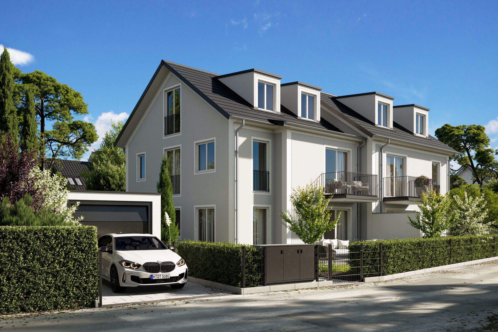 Visualisierung eines Neubau Doppelhauses von DOMINO Bau in Garching bei München