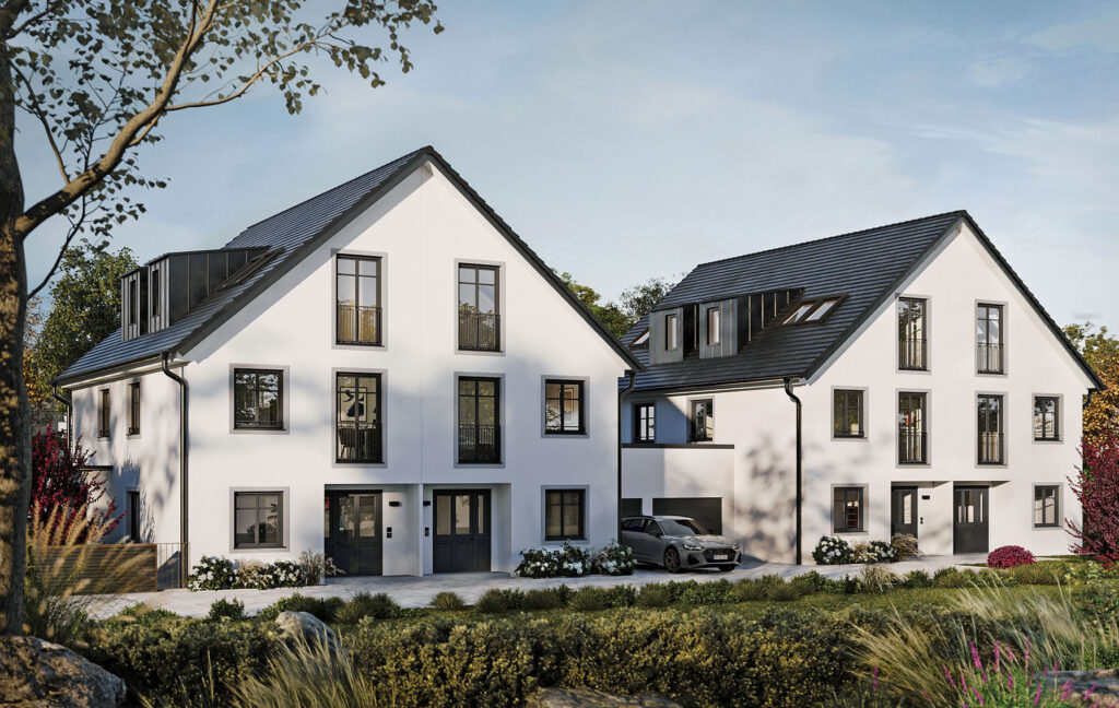 Ansicht auf zwei Neubau Doppelhäuser von DOMINO Bau in München Obermenzing