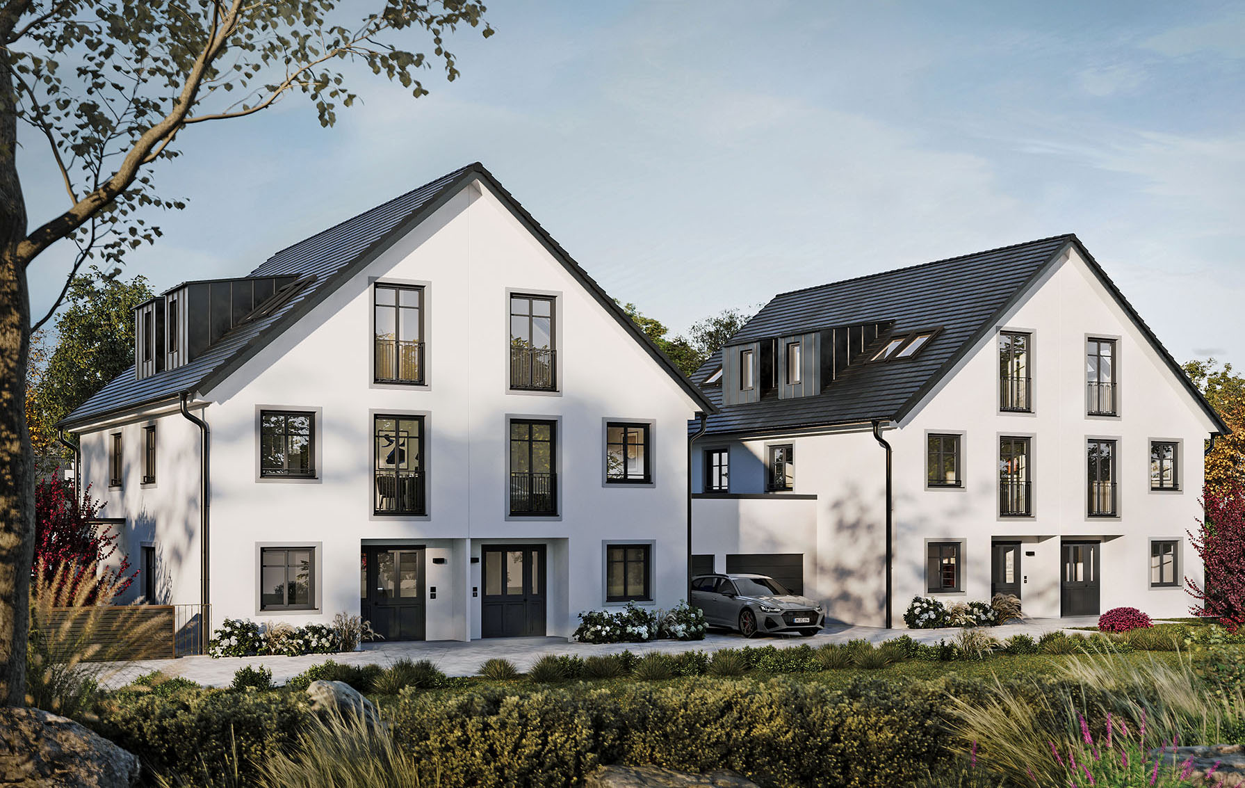 Ansicht auf zwei Neubau Doppelhäuser von DOMINO Bau in München Obermenzing