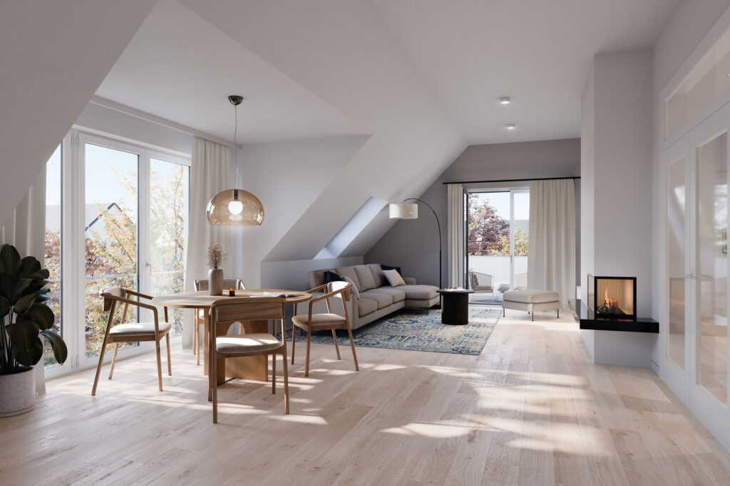 Visualisierung des Wohn- und Essbereichs sowie der Küche einer Dachgeschosswohnung eines Neubau Mehrfamilienhauses mit drei Wohnungen von DOMINO Bau in München Solln