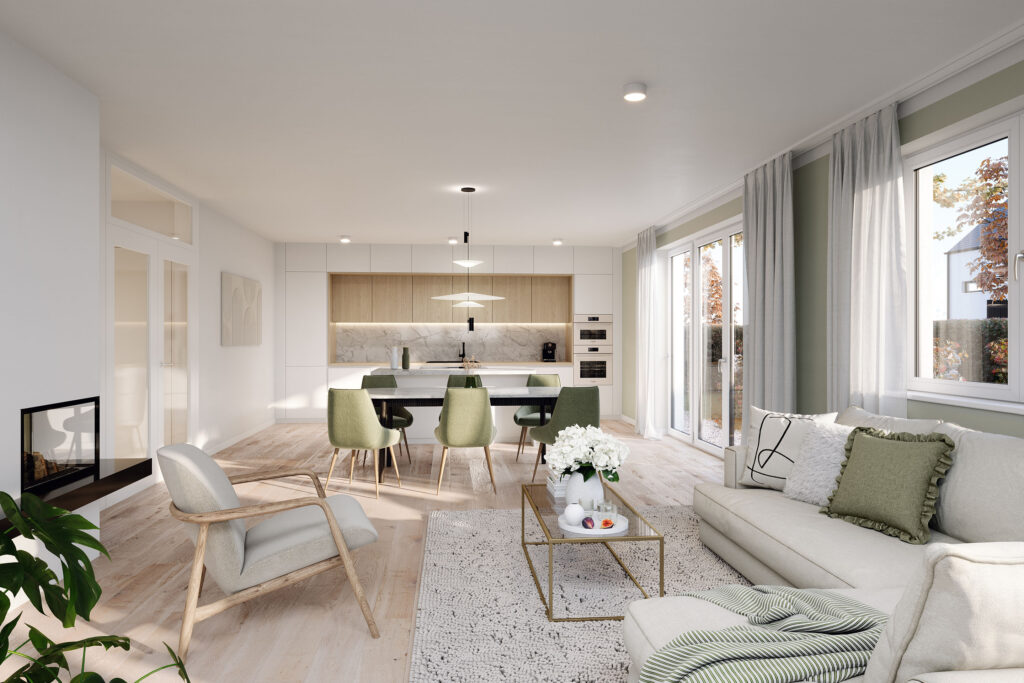 Visualisierung des Wohn- und Essbereichs sowie der Küche einer Wohnung eines Neubau Mehrfamilienhauses mit drei Wohnungen von DOMINO Bau in München Solln