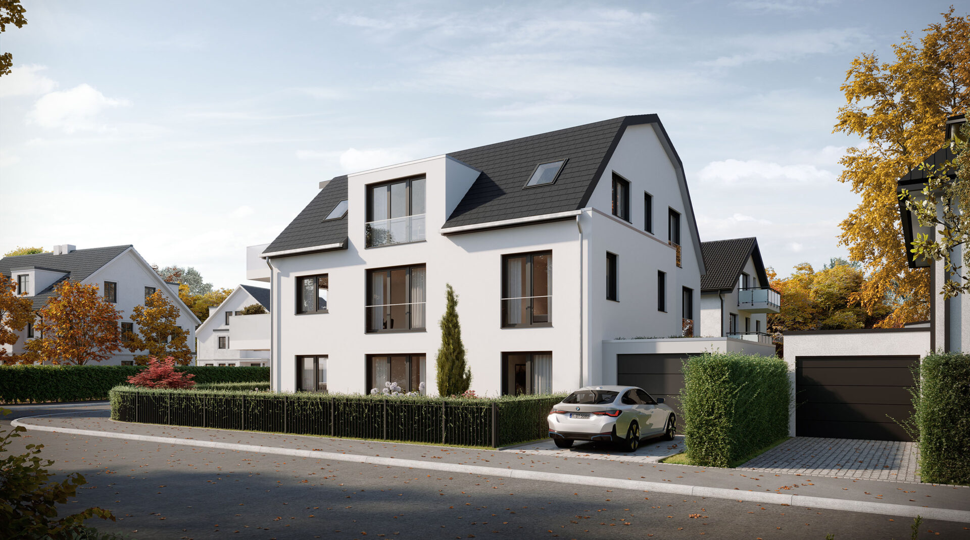 Visualisierung eines Neubau Mehrfamilienhauses mit drei Wohnungen von DOMINO Bau in München Solln