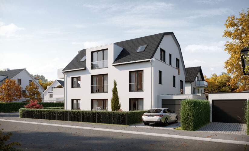 Visualisierung eines Neubau Mehrfamilienhauses mit drei Wohnungen von DOMINO Bau in München Solln