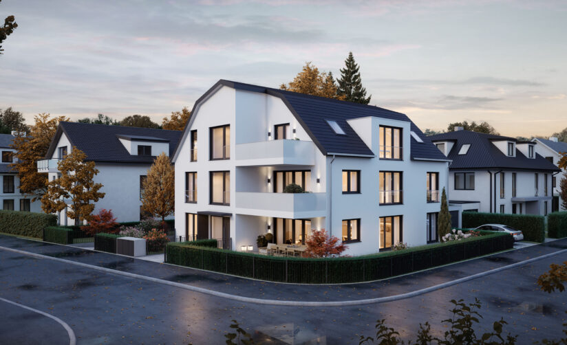 Visualisierung eines Neubau Mehrfamilienhauses mit drei Wohnungen von DOMINO Bau in München Solln