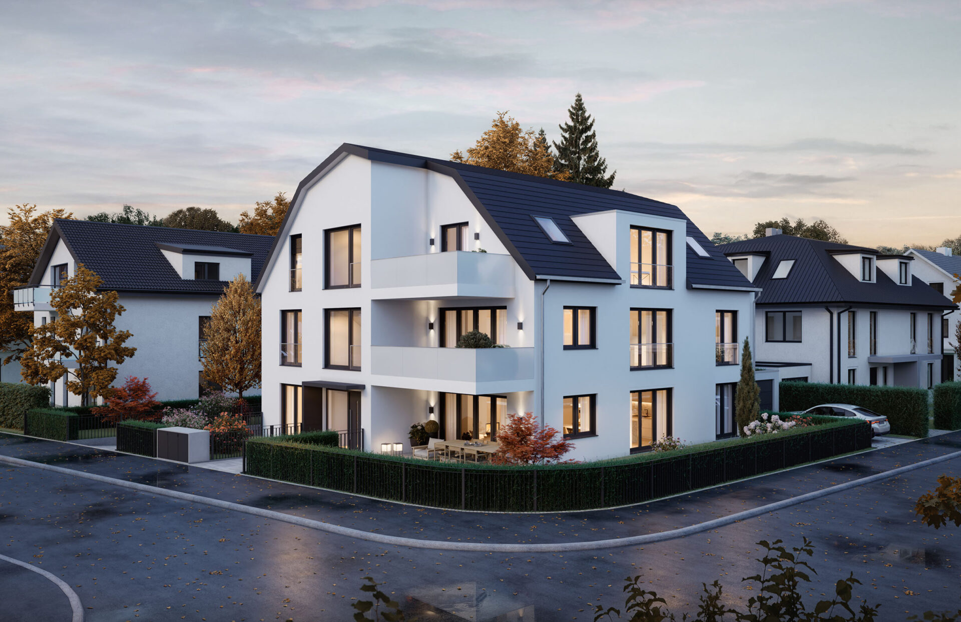 Visualisierung eines Neubau Mehrfamilienhauses mit drei Wohnungen von DOMINO Bau in München Solln