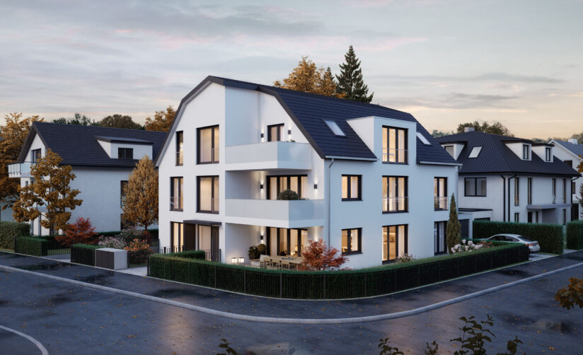 Visualisierung eines Neubau Mehrfamilienhauses mit drei Wohnungen von DOMINO Bau in München Solln