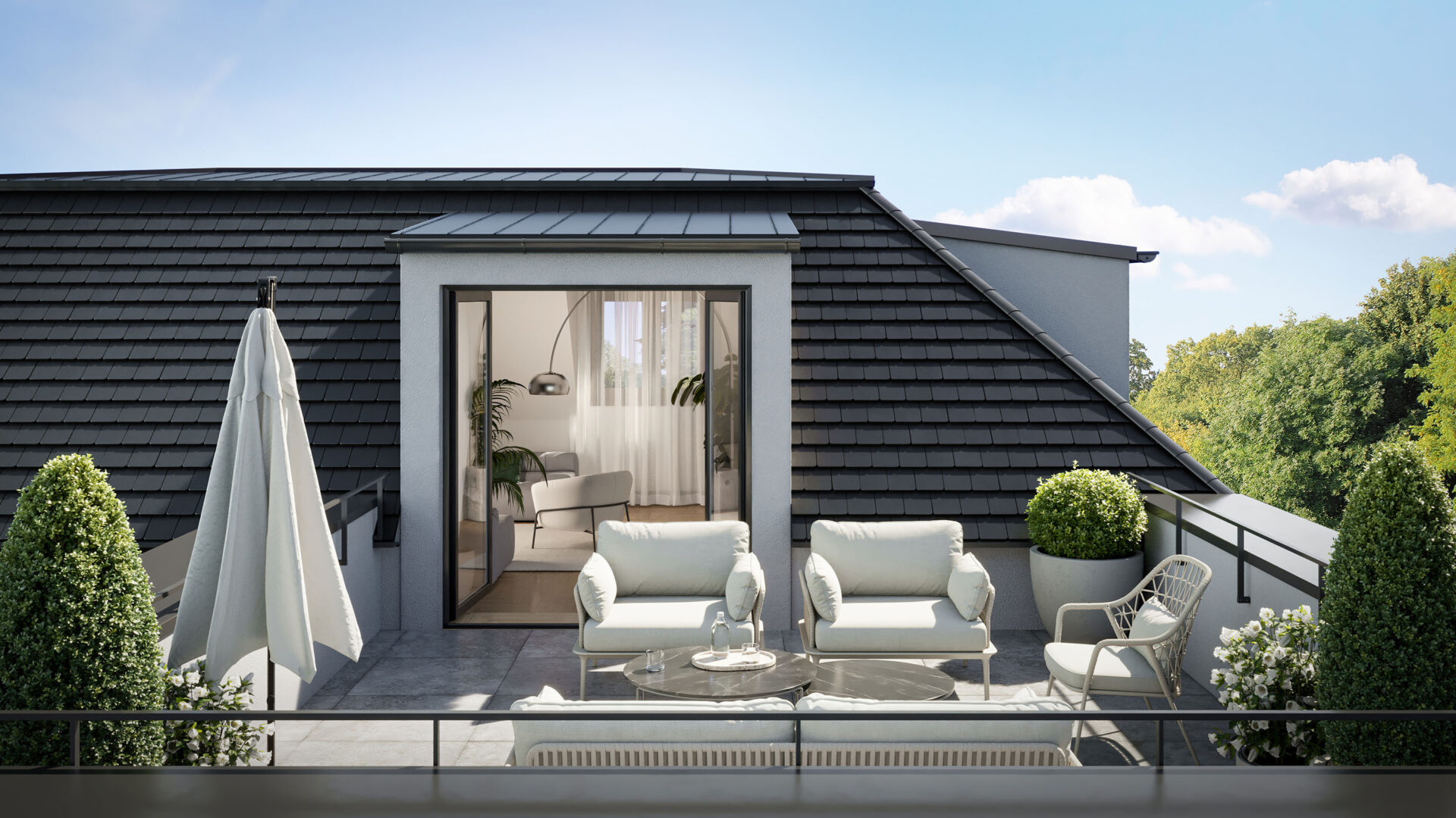 Dachterrasse eines Neubaumehrfamilienhauses