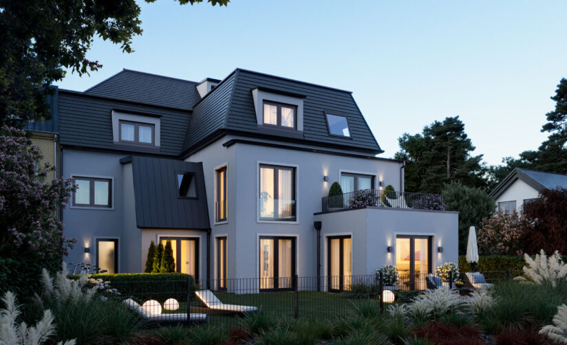 Gartenansicht des Mehrfamilienhauses (Neubau) am Pachmayrplatz. Zwei Wohnungen mit Dachterrasse.