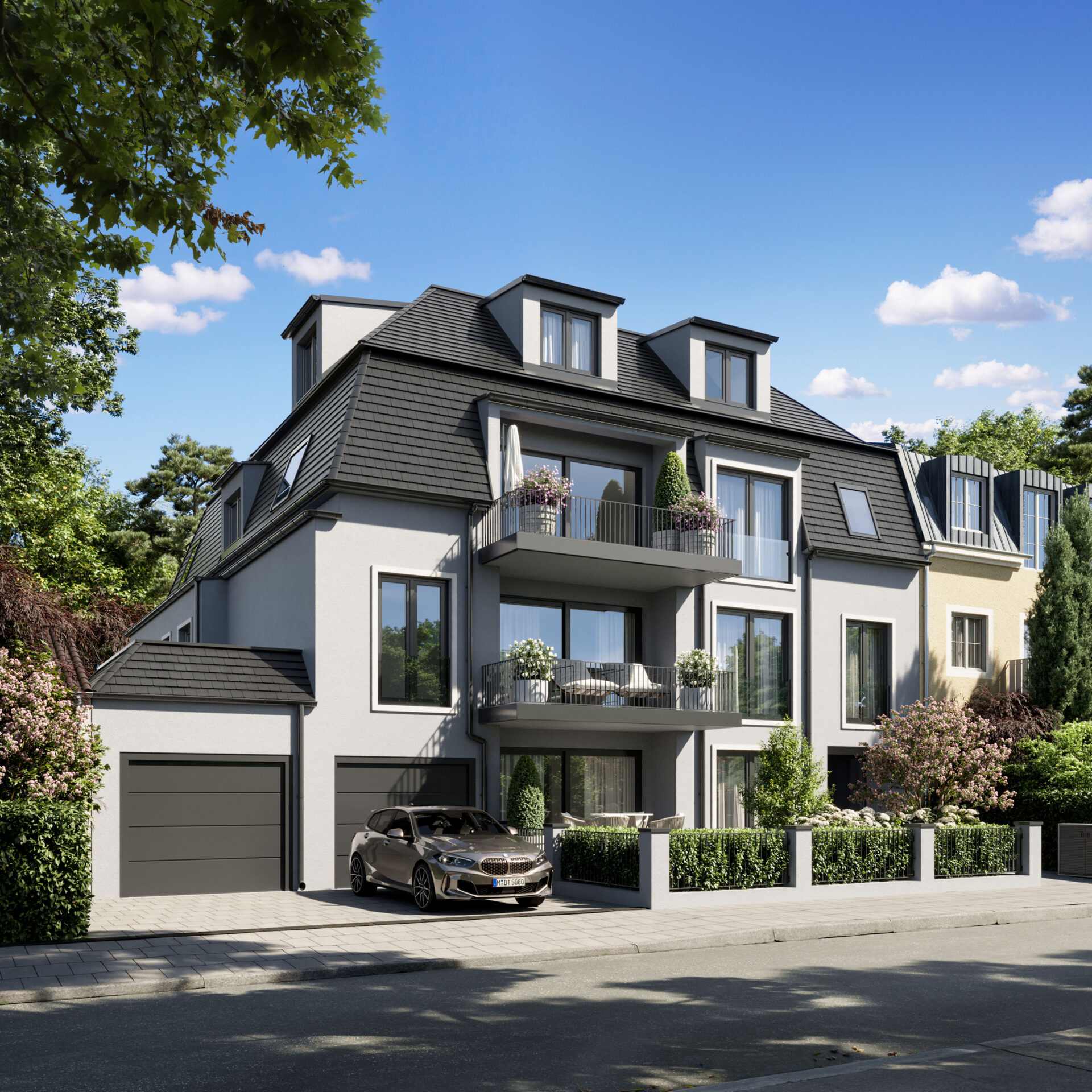 Straßenansicht eines Neubau-Mehrfamilienhauses mit drei Wohnungen am Pachmayrplatz in Bogenhausen