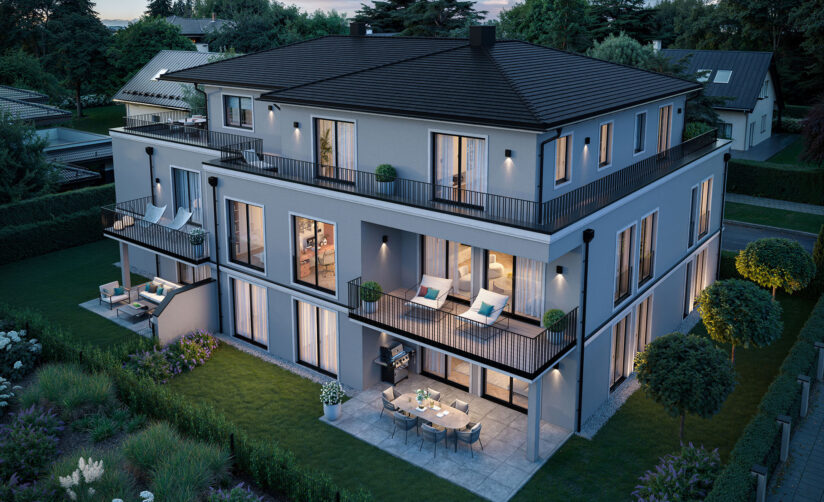 Visualisierung eines Neubau Mehrfamilienhauses mit fünf Wohnungen von DOMINO Bau in München Nymphenburg