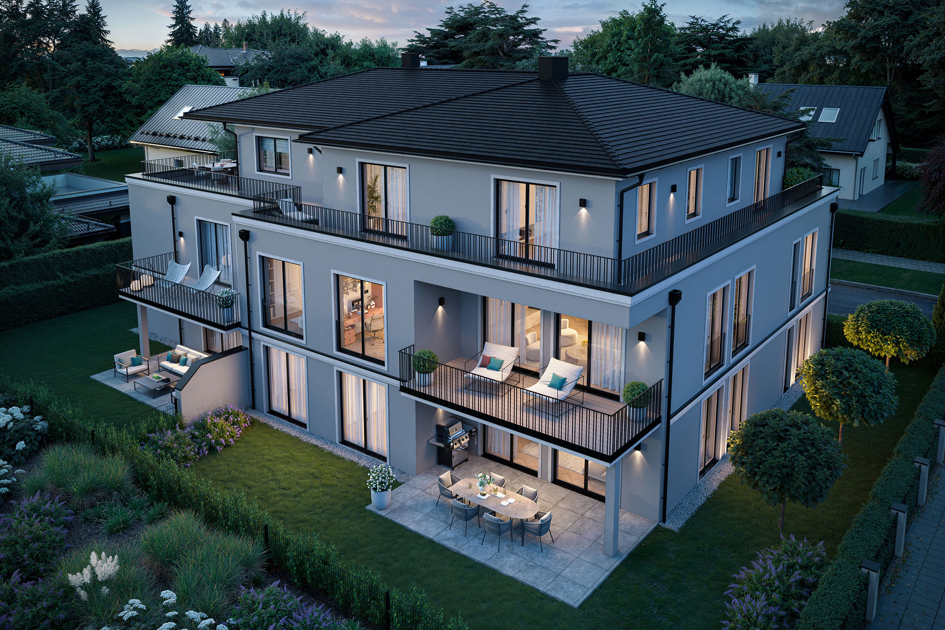 Visualisierung eines Neubau Mehrfamilienhauses mit fünf Wohnungen von DOMINO Bau in München Nymphenburg