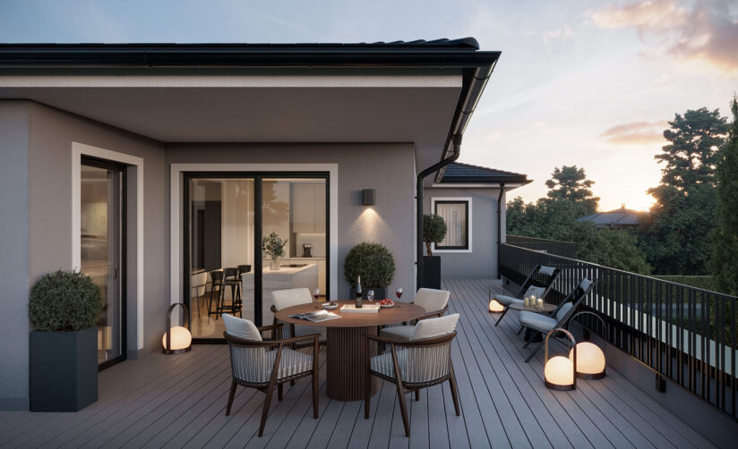 Visualisierung der Dachterrasse der Penthouse-Wohnung eines Neubau Mehrfamilienhauses mit fünf Wohnungen von DOMINO Bau in München Nymphenburg