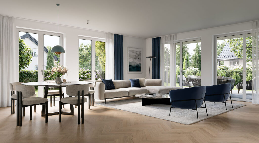 Visualisierung des Wohn- und Essbereichs einer Erdgeschosswohnung eines Neubau Mehrfamilienhauses mit fünf Wohnungen von DOMINO Bau in München Nymphenburg
