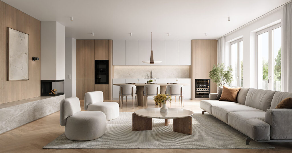 Visualisierung des Wohn- und Essbereichs sowie der Küche einer Wohnung eines Neubau Mehrfamilienhauses mit fünf Wohnungen von DOMINO Bau in München Nymphenburg