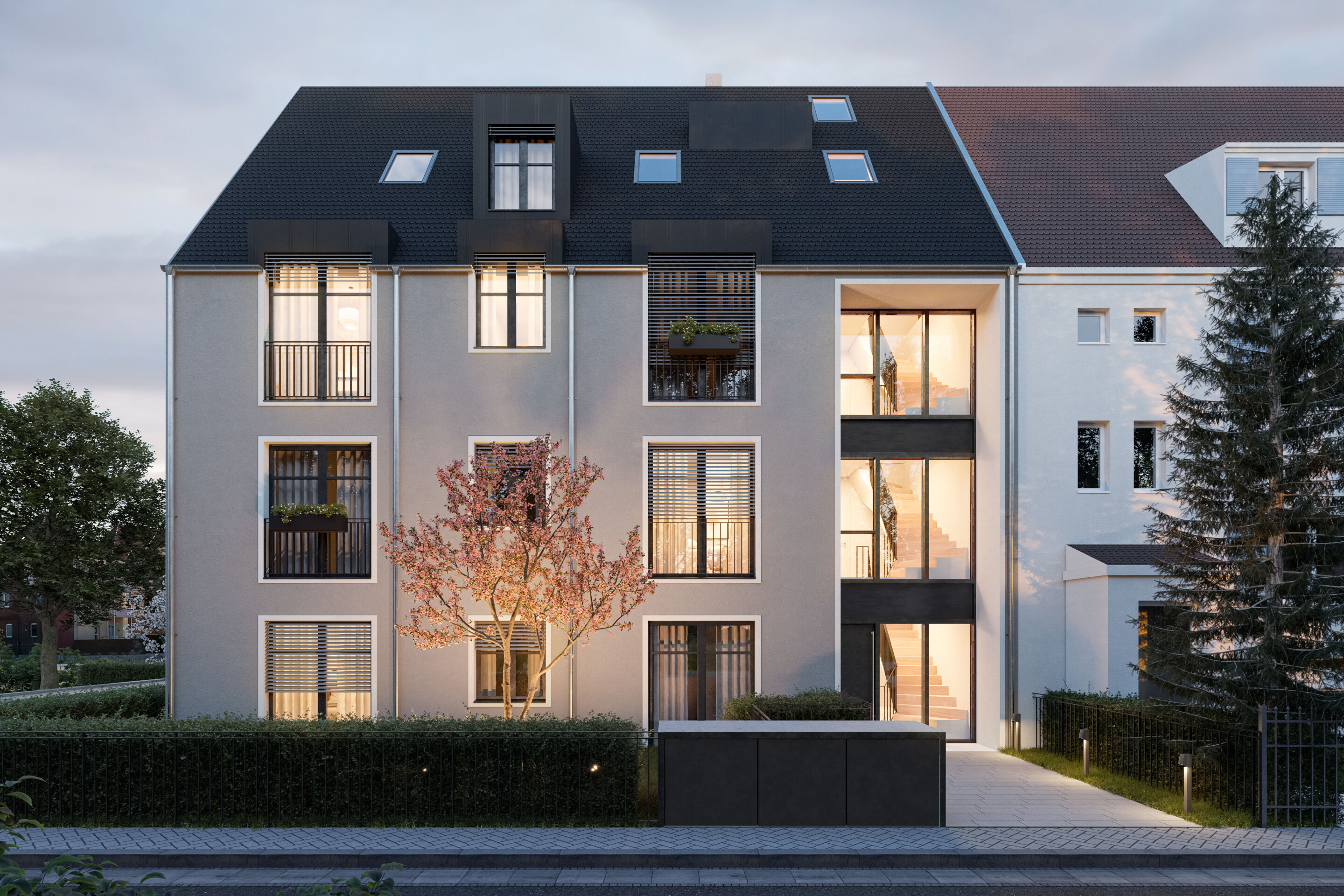 Visualisierung eines Mehrfamilienhauses, Neubau in Obermenzing von DOMINO Bau