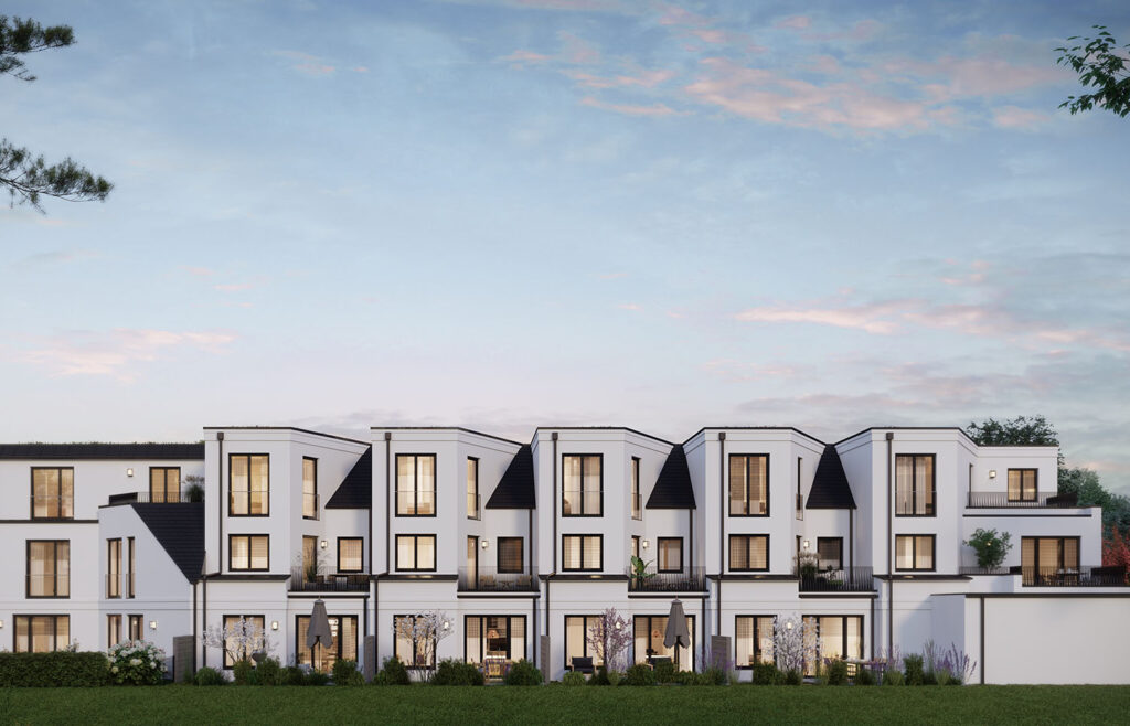 Visualisierung von 6 Stadthäusern in München-Obermenzing, Abendstimmung, Neubau von DOMINO Bau