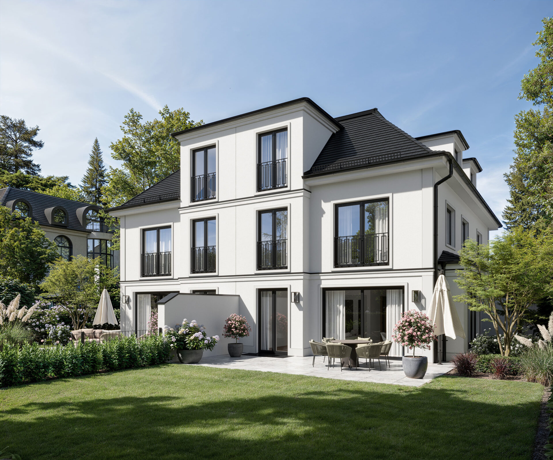 Visualisierung Gartenansicht einer Neubau Doppelhaushälfte von DOMINO Bau in München-Bogenhausen im Sommer