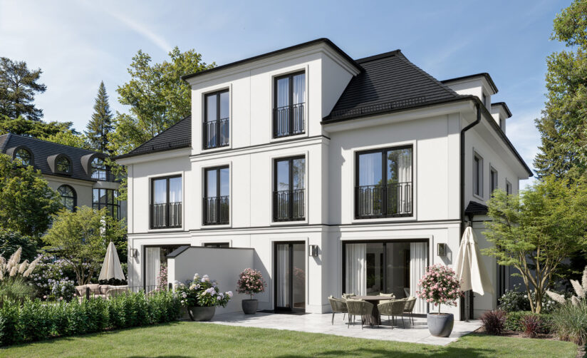 Visualisierung Gartenansicht einer Neubau Doppelhaushälfte von DOMINO Bau in München-Bogenhausen im Sommer