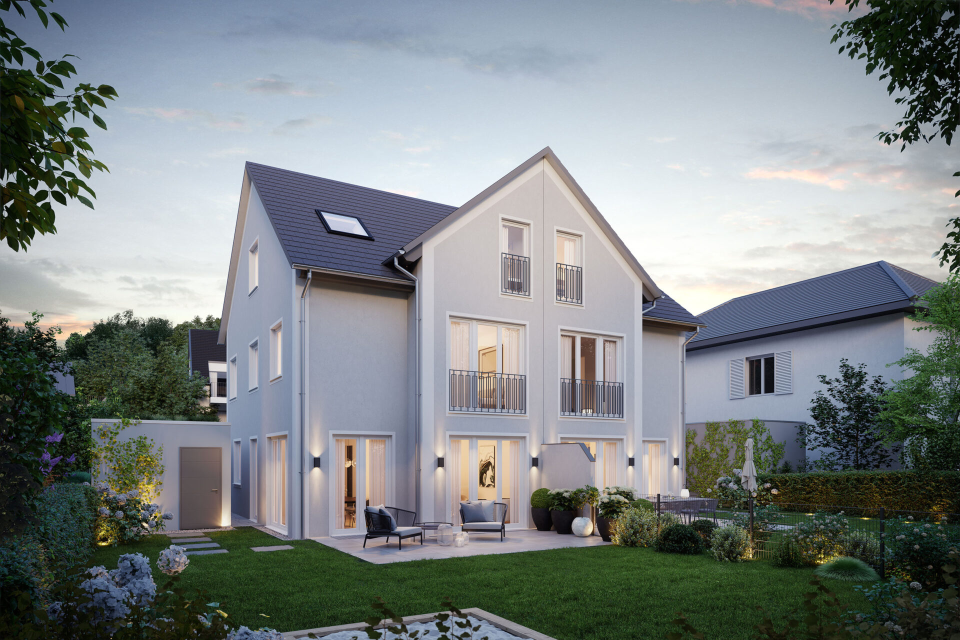 Visualisierung einer Neubau Doppelhaushälfte von DOMINO Bau in Oberschleißheim; Gartenansicht
