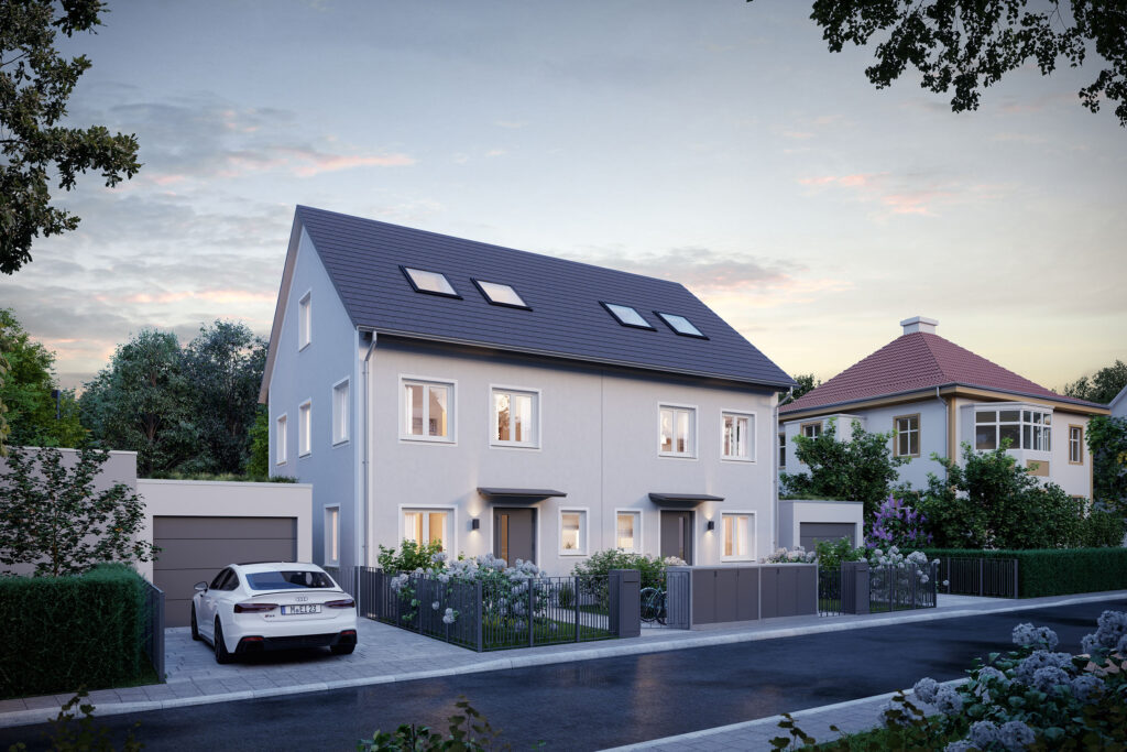 EI23 | Straßenansicht Süd-Ost Außenansicht einer Neubau Doppelhaushälfte von DOMINO Bau in Oberschleißheim; Straßenseitig