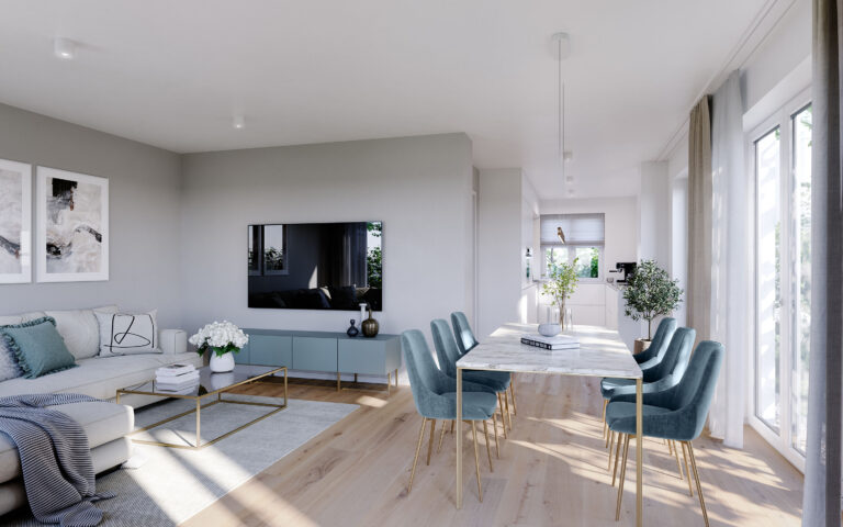 EI23 | Wohnen Essen Kochen (Haus 1) Visualisierung Wohnzimmer einer Neubau Doppelhaushälfte von DOMINO Bau in Oberschleißheim
