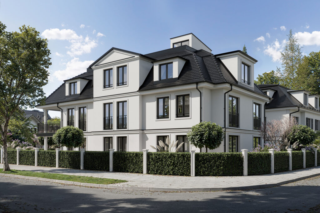 Visualisierung einer Dreifamilienvilla von DOMINO Bau in München Bogenhausen, Tagesansicht, Ansicht Süd-Ost