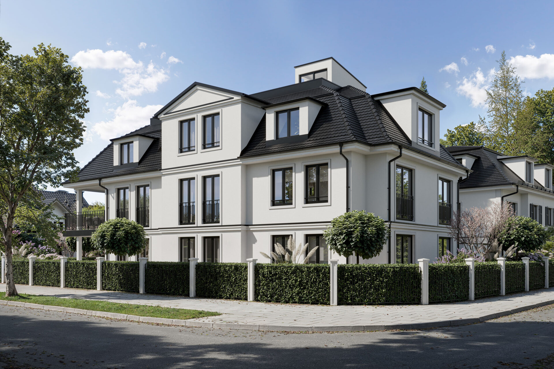 Visualisierung einer Dreifamilienvilla von DOMINO Bau in München Bogenhausen, Tagesansicht, Ansicht Süd-Ost