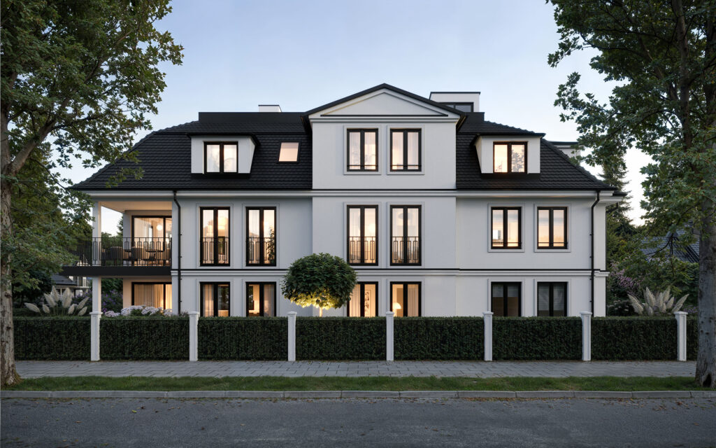 FR09 | Straßenansicht Süd Visualisierung einer Dreifamilienvilla von DOMINO Bau in München Bogenhausen, Abendansicht, Ansicht Süd