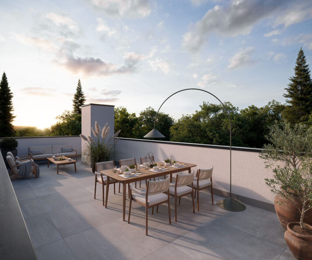 Visualisierung der Dachterrasse einer Dreifamilienvilla von DOMINO Bau in München Bogenhausen, Abendstimmung