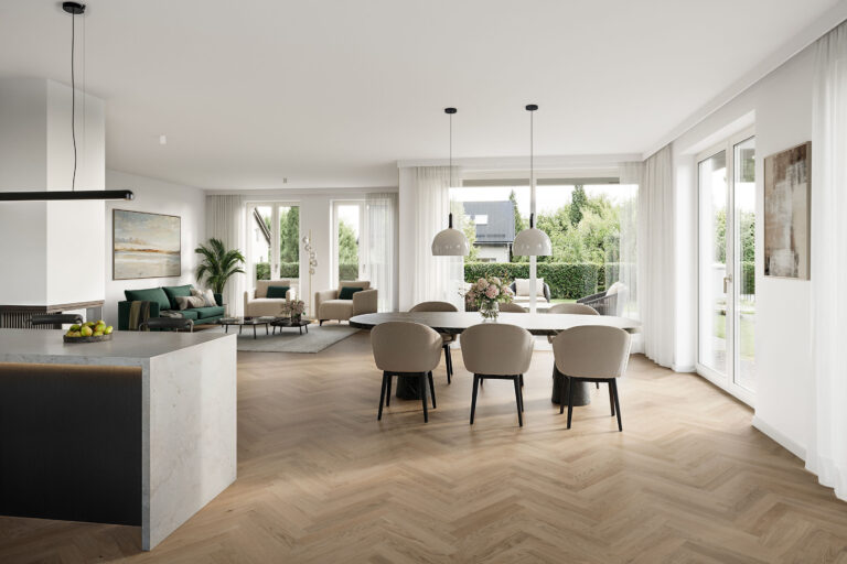FR09 | Wohnen Essen Kochen (Whg.1 EG) Visualisierung des Wohnzimmers im Erdgeschoss einer Dreifamilienvilla von DOMINO Bau in München Bogenhausen