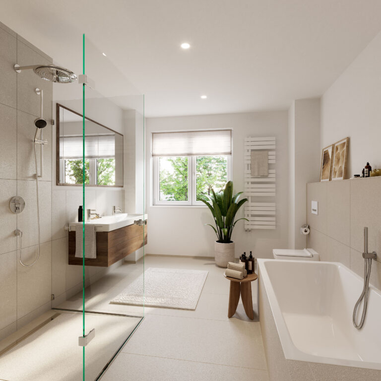 GY07 | Badezimmer Visualisierung des Badezimmers eines Mehrfamilienhaus-Ensembles mit sechs Wohnungen von DOMINO Bau in München Solln