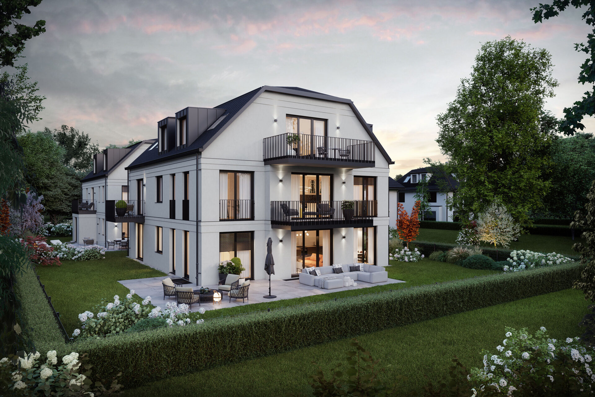 Visualisierung eines Mehrfamilienhaus-Ensembles mit sechs Wohnungen von DOMINO Bau in München Solln, Gartenansicht Haus 2 bei Abendstimmung