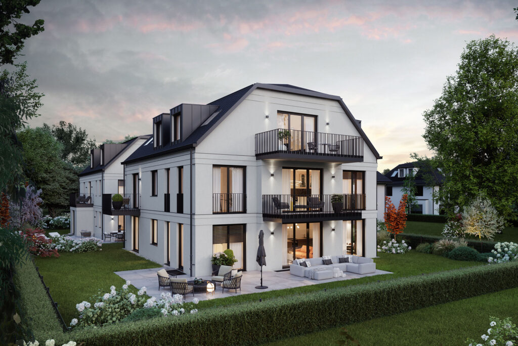Visualisierung eines Mehrfamilienhaus-Ensembles mit sechs Wohnungen von DOMINO Bau in München Solln, Gartenansicht Haus 2 bei Abendstimmung