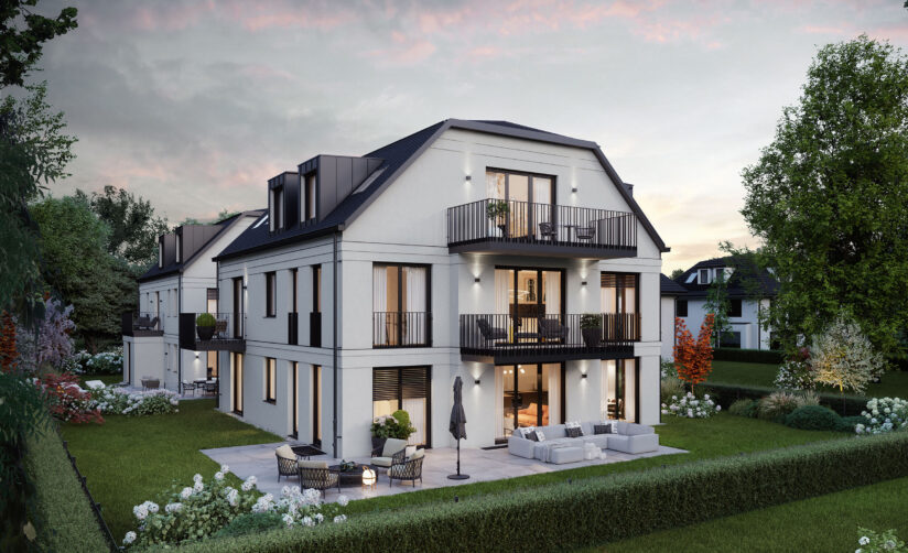 Visualisierung eines Mehrfamilienhaus-Ensembles mit sechs Wohnungen von DOMINO Bau in München Solln, Gartenansicht Haus 2 bei Abendstimmung