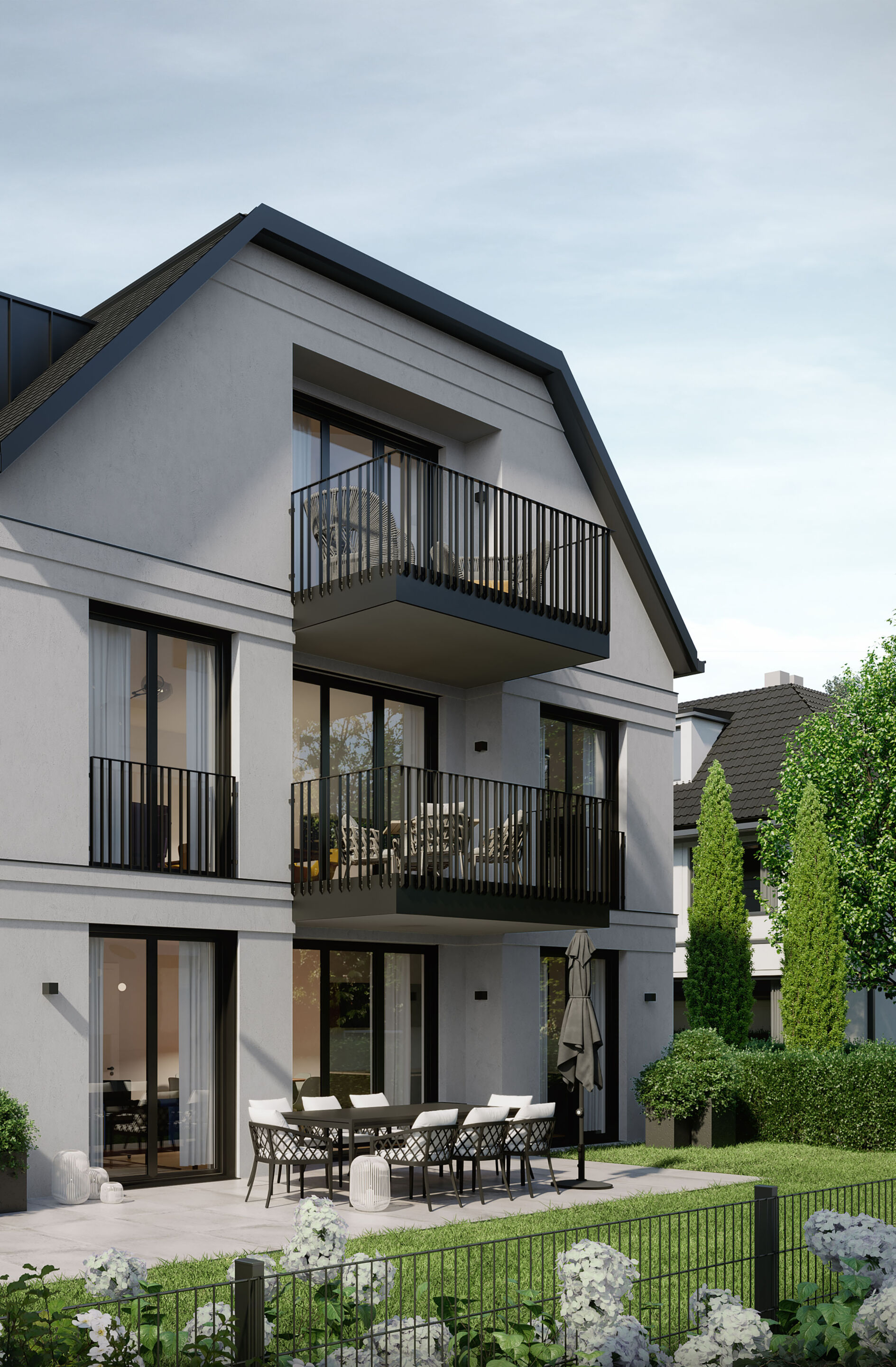 GY07 | Ansicht Südwest (Haus 1) Visualisierung eines Mehrfamilienhaus-Ensembles mit sechs Wohnungen von DOMINO Bau in München Solln, Gartenansicht