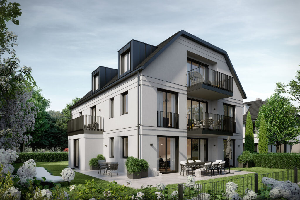 Visualisierung eines Mehrfamilienhaus-Ensembles mit sechs Wohnungen von DOMINO Bau in München Solln, Gartenansicht