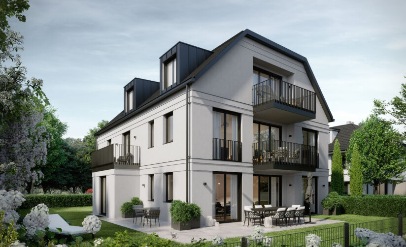 Visualisierung eines Mehrfamilienhaus-Ensembles mit sechs Wohnungen von DOMINO Bau in München Solln, Gartenansicht