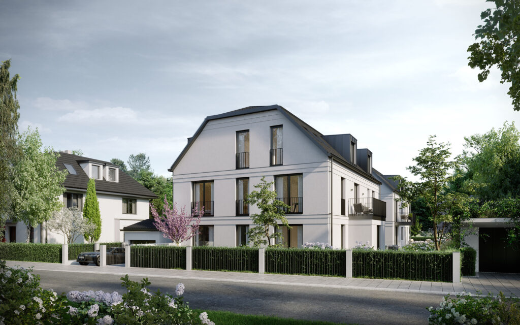 GY07 | Straßenansicht (Haus 1) Visualisierung eines Mehrfamilienhaus-Ensembles mit sechs Wohnungen von DOMINO Bau in München Solln, Straßenansicht