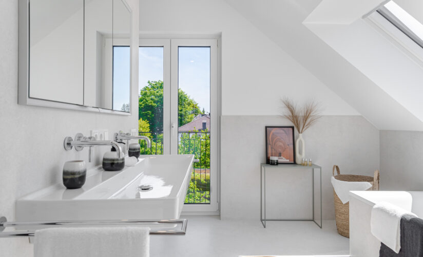 Masterbad mit bodentiefen Fenster im Dachgeschoss; Neubau Doppelhaus von DOMINO Bau in München Obermenzing