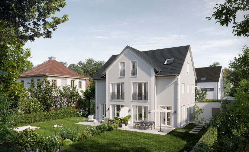 Visualisierung Gartenansicht eines Doppelhauses von DOMINO Bau in Oberschleißheim