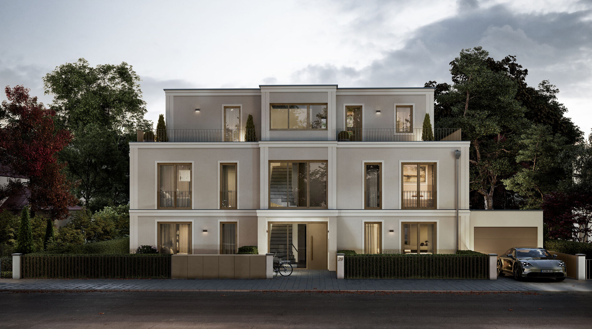 Visualisierung eines Mehrfamilienhauses mit fünf Wohnungen von DOMINO Bau in München Solln, Straßenansicht Abendstimmung