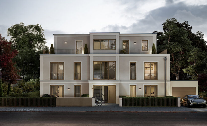 Visualisierung eines Mehrfamilienhauses mit fünf Wohnungen von DOMINO Bau in München Solln, Straßenansicht Abendstimmung
