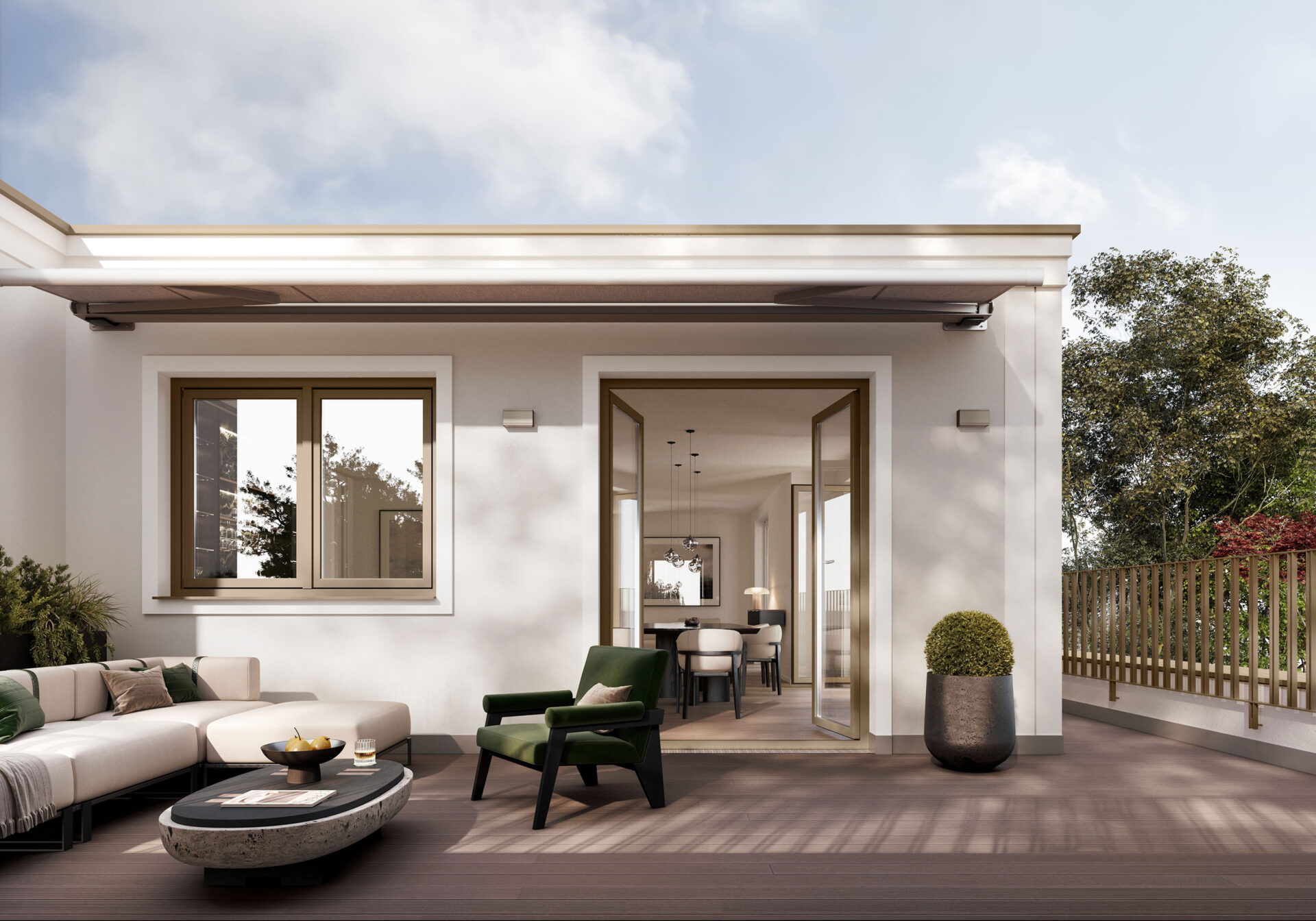 Visualisierung der Dachterrasse eines Mehrfamilienhauses mit fünf Wohnungen von DOMINO Bau in München Solln