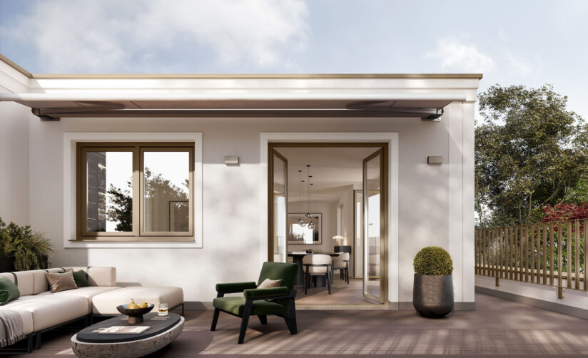 Visualisierung der Dachterrasse eines Mehrfamilienhauses mit fünf Wohnungen von DOMINO Bau in München Solln