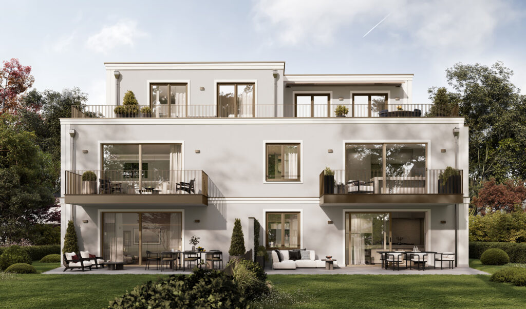 Visualisierung eines Mehrfamilienhauses mit fünf Wohnungen von DOMINO Bau in München Solln, Gartenansicht