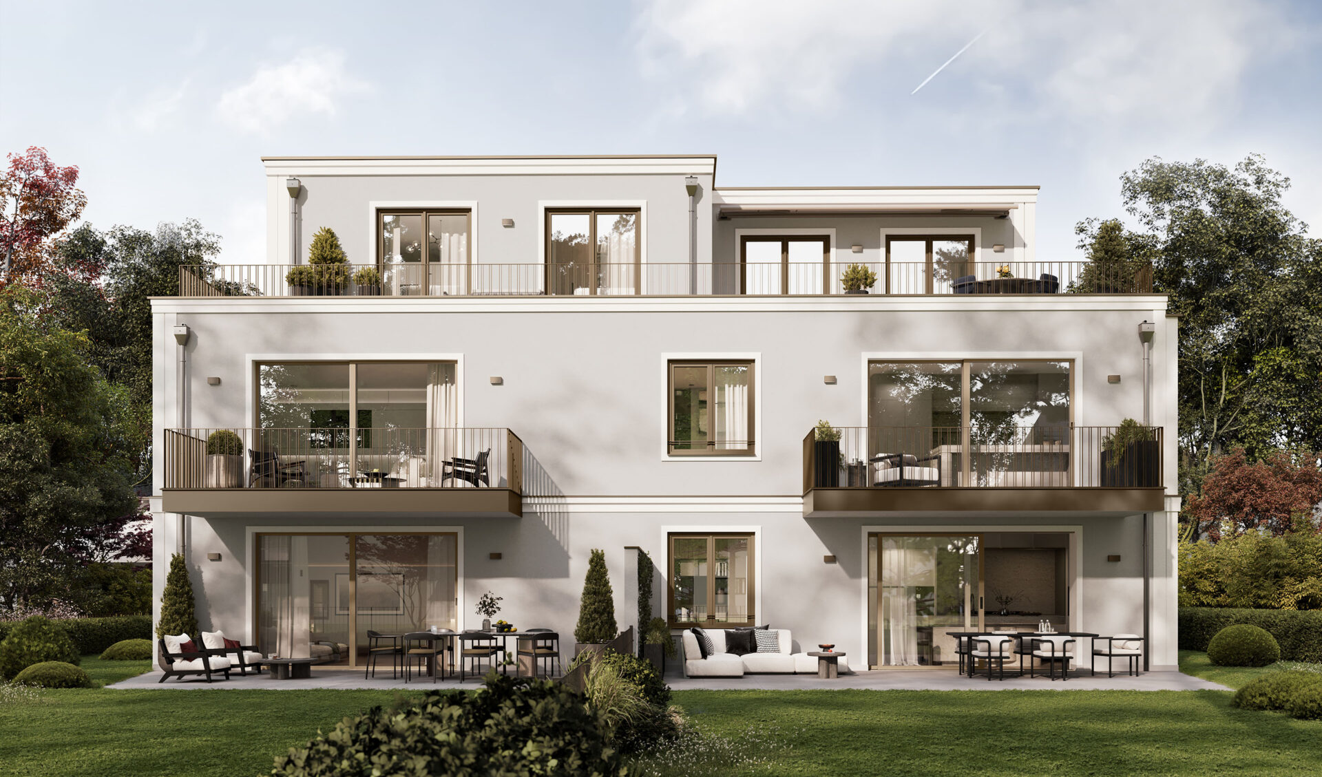 Visualisierung eines Mehrfamilienhauses mit fünf Wohnungen von DOMINO Bau in München Solln, Gartenansicht