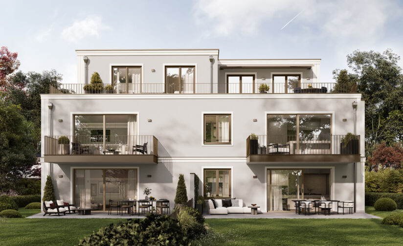 Visualisierung eines Mehrfamilienhauses mit fünf Wohnungen von DOMINO Bau in München Solln, Gartenansicht