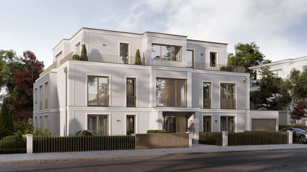 Visualisierung eines Mehrfamilienhauses mit fünf Wohnungen von DOMINO Bau in München Solln, Straßenansicht